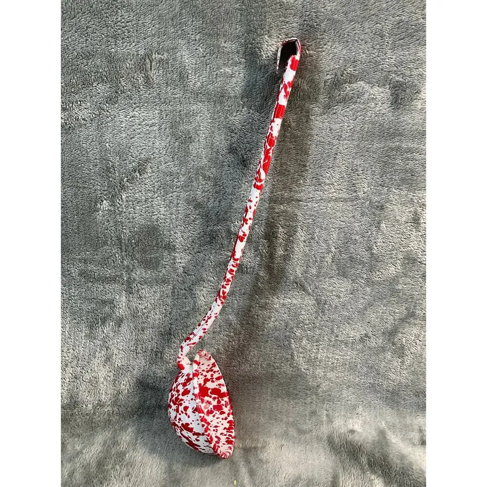 Vintage 12' Red White Enamelware Ladle Graniteware Speckled Farmhouse Kitchen